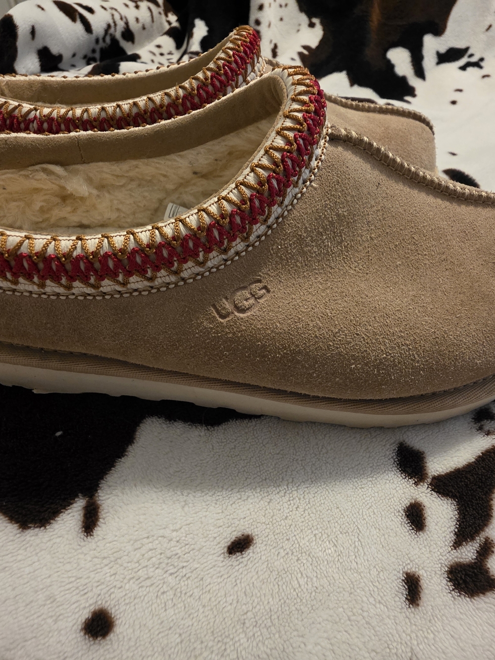 UGG Women's Chestnut Suede Slip-On Slippers with Red and Gold Trim